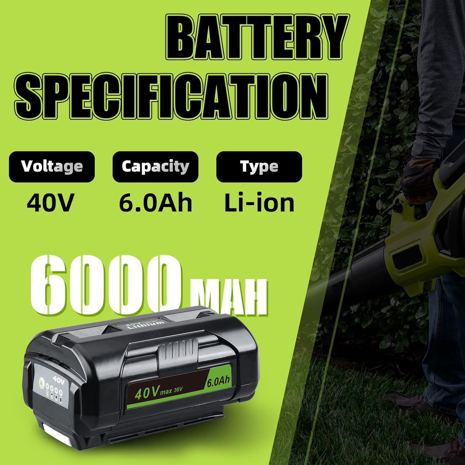 36v 6.0Ah Replace for Ryobi 40V(max) Battery OP4015 OP4050A OP4040 OP4050 OP40201 OP4060 OP4030 Compatible with Ryobi 40V Cordless Power Tools RBL1820G