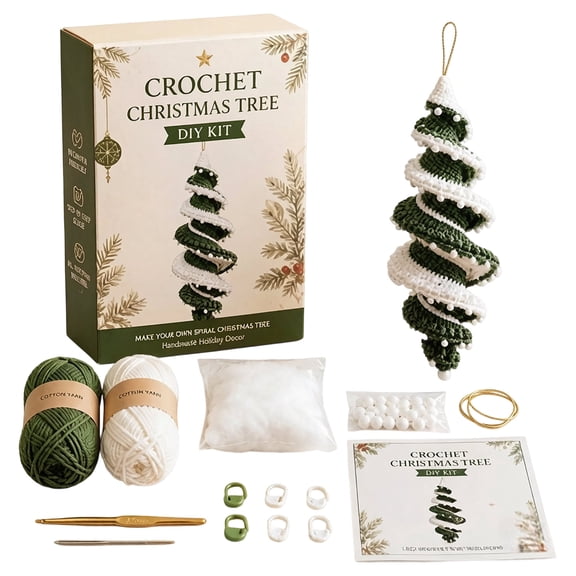 Ledyu Crochet Kit for Beginners DIY Spiral Christmas Tree Ornament Crocheting Kit With Yarn Hooks Tutorial Handmade Christmas Hanging Decor Craft Set for (Green)