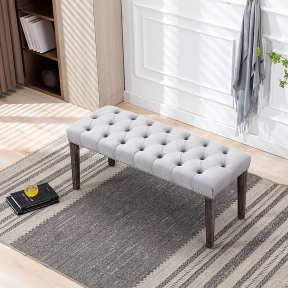 Upholstered Bedroom Bench with Button Tufted Seat, Fabric End of Bed Bench with Solid Wood Legs, Entryway Accent Bench for Bedroom, Hallway and Closet, Light Gray