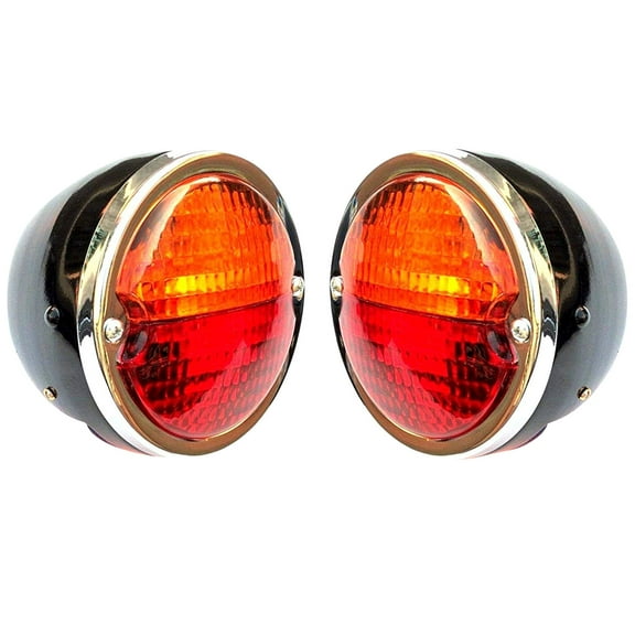 APSMOTIV Pair of Rear Lights Tail Lights Assemblies| Black Body | Chrome Ring | Red / Red Lens with 12v Bulbs Suitable for Jeep Willys | Massey Ferguson & John Deere Tractors