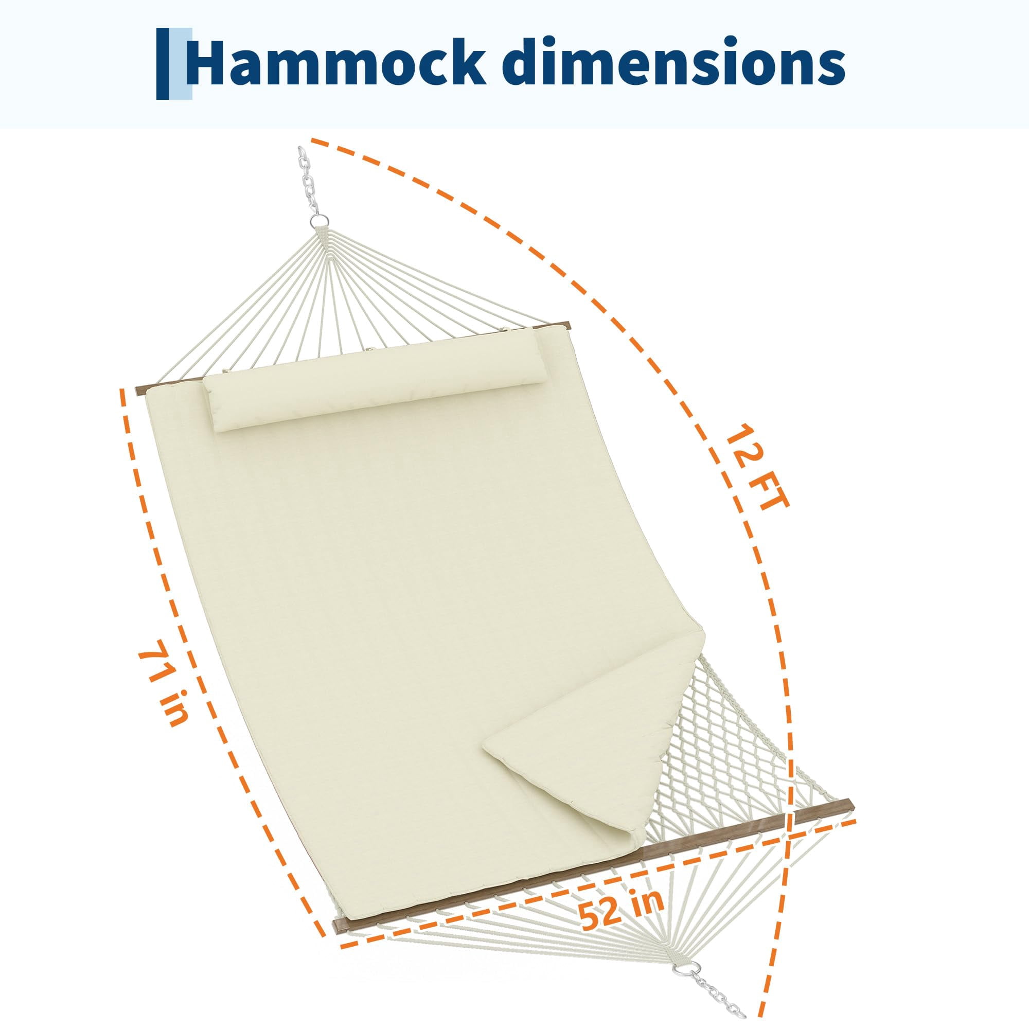 12FT Hammocks for 2 Person Indoor Outdoor, Quilted Fabric Hammock with Spreader Bar, Large Removable Pillow, Storage Pockets, Carabiners, Max 450 Lbs Capacity, Beige