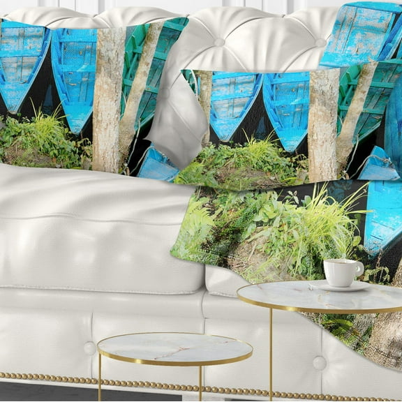 Designart Blue Boats on Lake Phewa - Boat Throw Pillow - 12x20