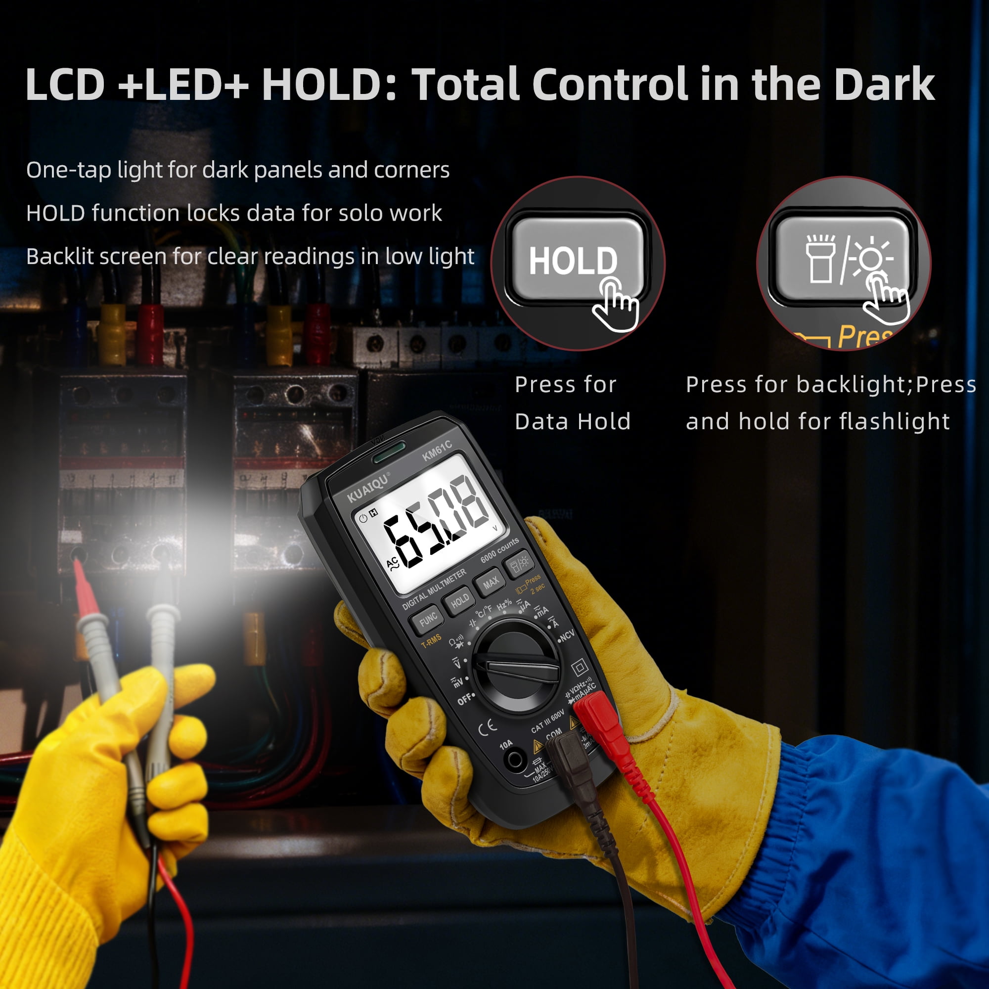 KUAIQU Digital Multimeter TRMS 600V AC/DC Voltage Tester 6000 Counts NCV Ohmmeter Measures Resistance Capacitance Frequency Temperature Diodes Suitable for Electronics HVAC Multimeter KM61C