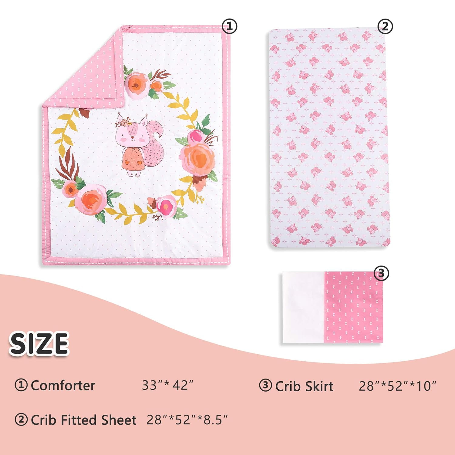 Sweet Baba Pink & White Crib Bedding Sets for Girls 3 Pcs, Squirrel Baby Crib Bedding Set Including Crib Quilt/Crib Skirt/Crib Sheet