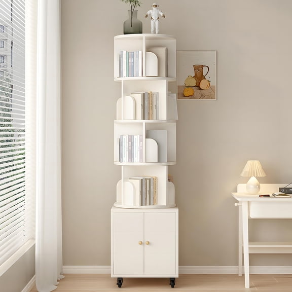 4-Tier Corner Bookshelf , Rotating Bookcase with Storage Cabinet,universal wheels Space-Saving Floor Organizer White