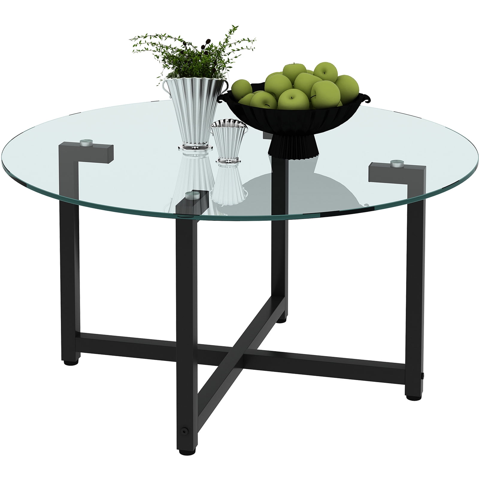 36 Inch Round Glass Coffee Table For Living Room, Black Coffee Table