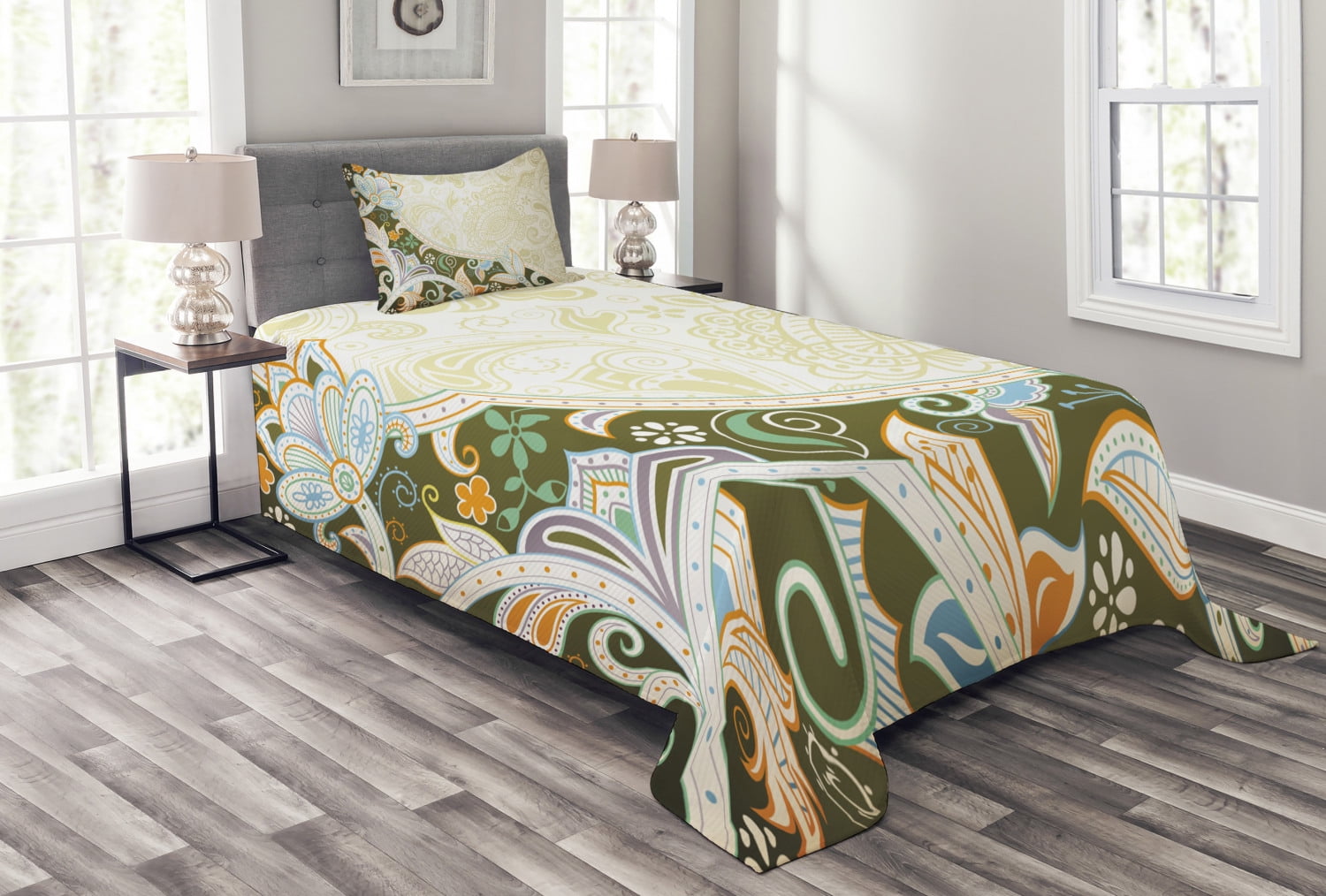 Olive Green Bedspread Set, Abstract Floral Pattern Leaves ...