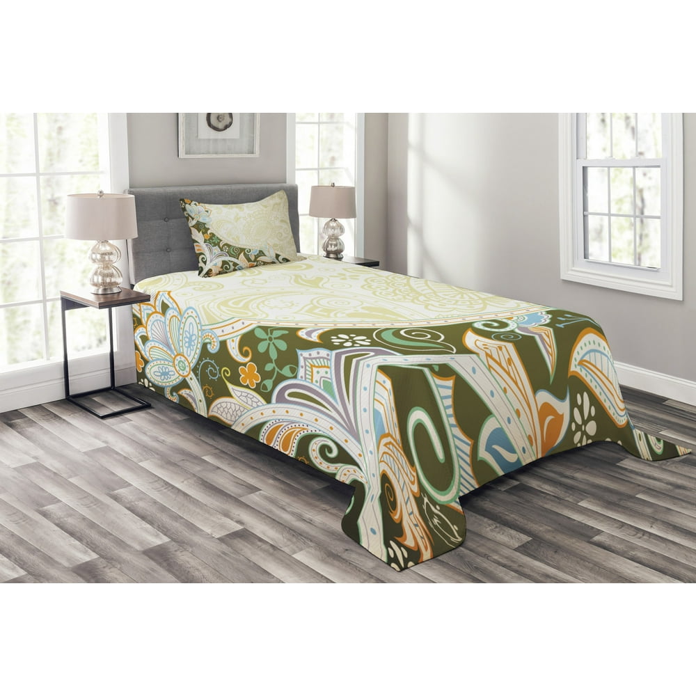 Olive Green Bedspread Set Twin Size, Abstract Floral Pattern Leaves and