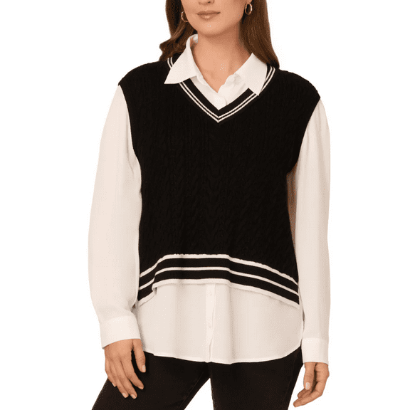 Adrianna Papell Women's Twofer Sweater Vest Blouse Black Small