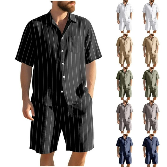 BinBiL Men's 2 Piece Vertical Striped Textured Outfits Summer Casual Button Down Shirts and Shorts Matching Sets White XL(XL)