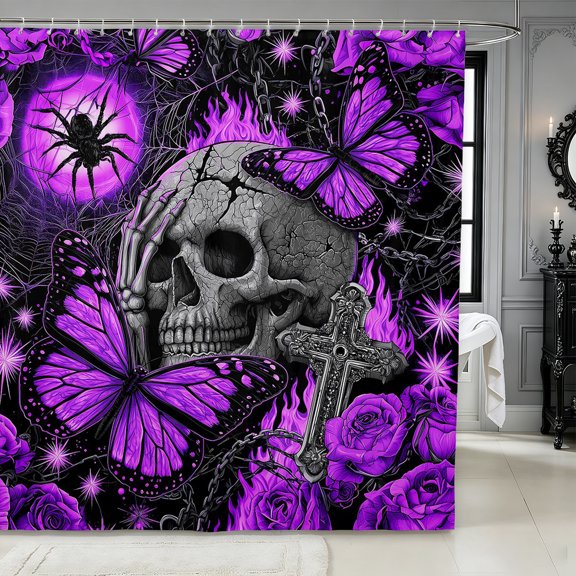 Erosebridal Gothic Skull Shower Curtain 72Wx72L,Halloween Butterfly Rose Bathroom Curtain,Violet