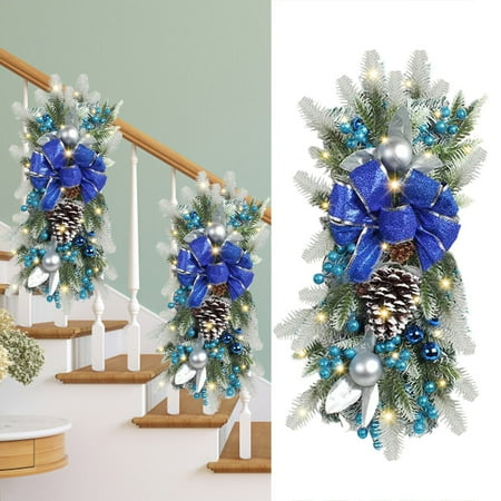 

2024 2PCS Christmas Wreath Bow With Lights Outdoor Christmas Wreath For Front Door Christmas Wreath For Holiday Christmas Party Decorations
