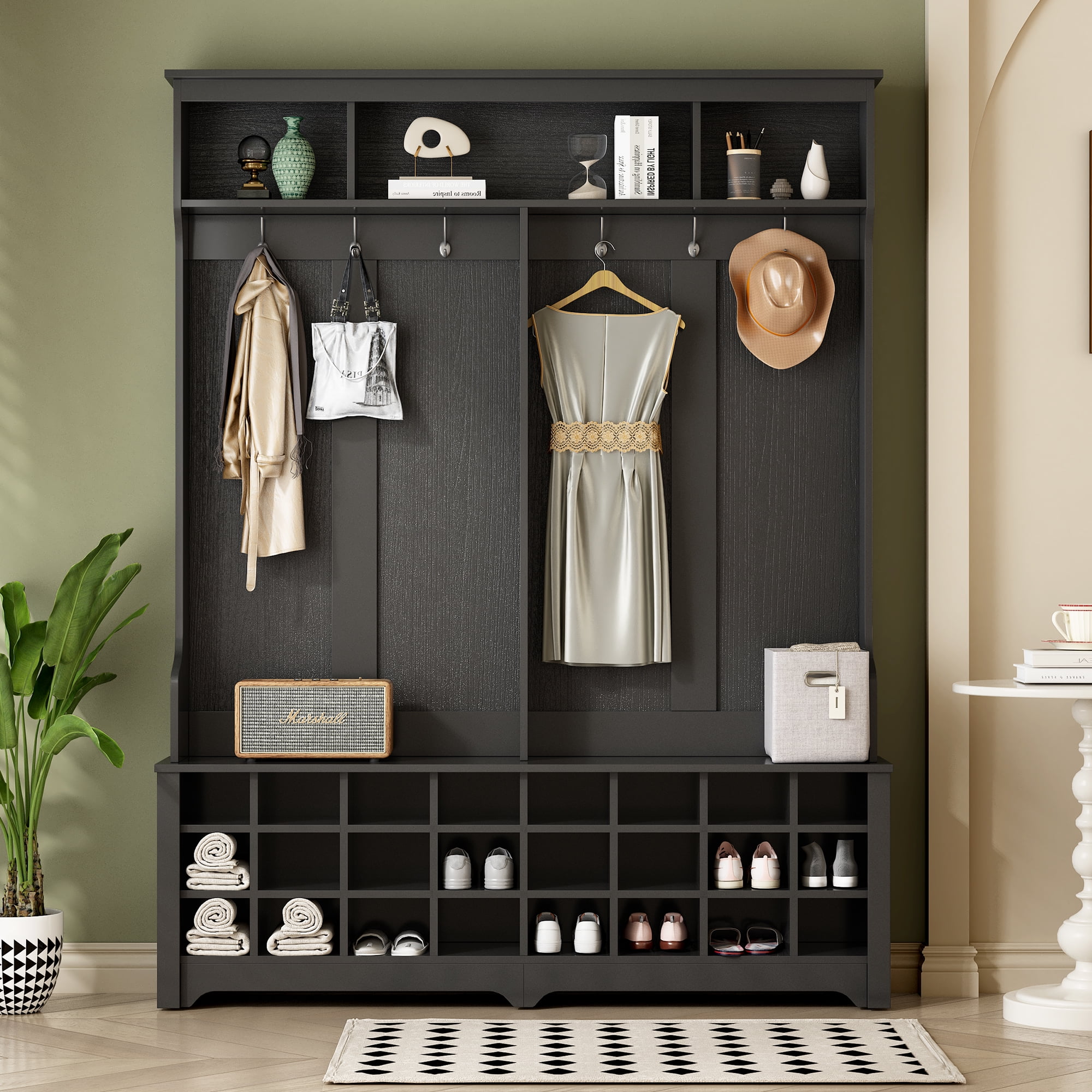 Aukfa 60" Wide Hall Tree with Storage and 24 Shoe Cubbie - Black