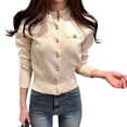 thumbnail image 3 of Skymirror Stand Collar Cardigan Sweater Decorative Pockets Women Faux Pearl Buttons Solid Color Knitted Coat Outerwear, 3 of 8