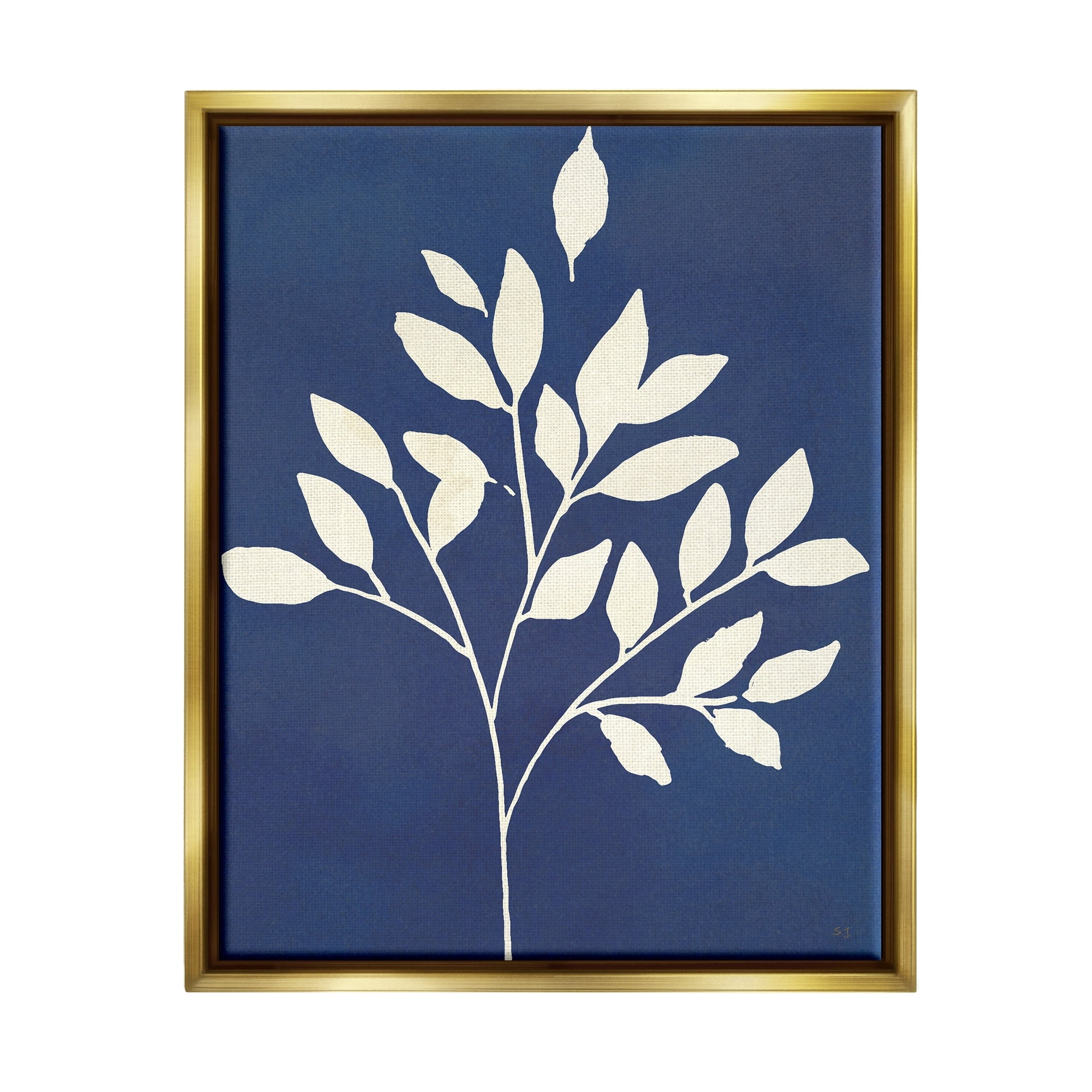 Stupell Industries Modern Leaf Sprig Botanical Abstract Stencil Shape Graphic Art Metallic Gold Floating Framed Canvas Print Wall Art, Design by Susan Jill