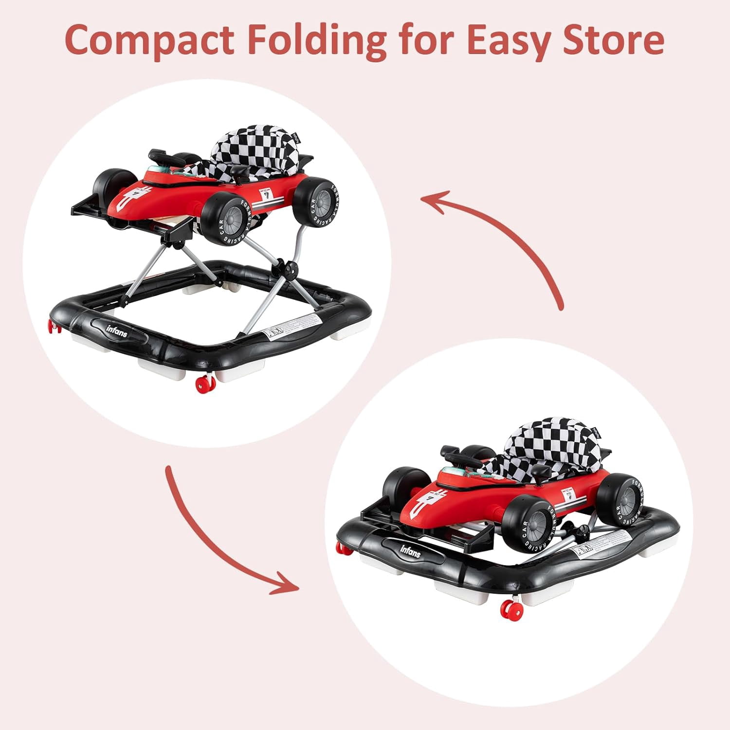 INFANS 4 in 1 Baby Walker, Foldable Toddler Activity Center with Adjustable Height, Padded Seat, Music, Light, Removable Toy Tray, Push Walker for Girls Boys Aged 6-18 Months