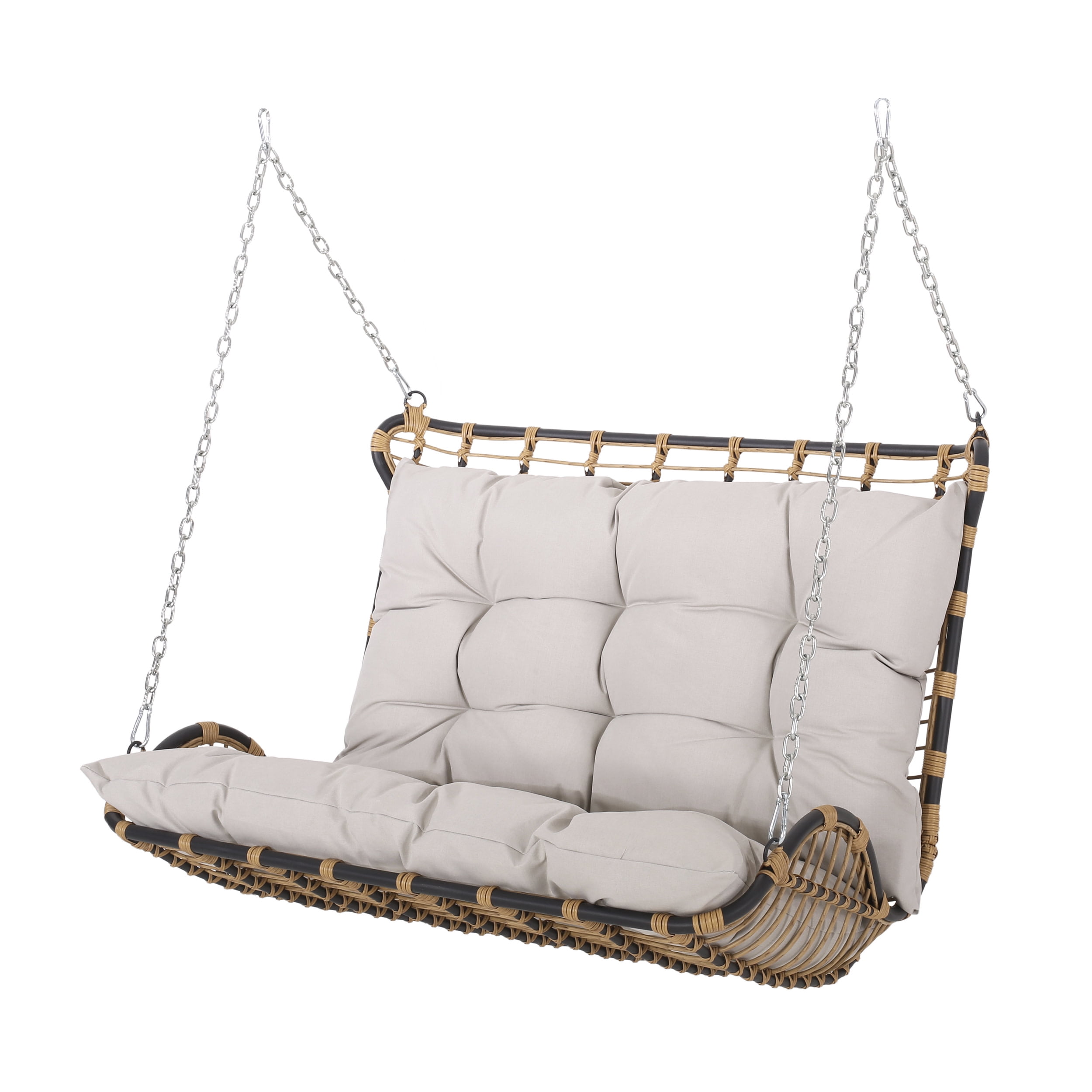 Hurlbut Wicker Outdoor Porch Swing with Cushions, Light Brown and Beige