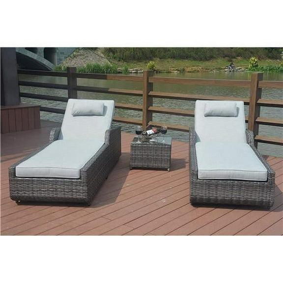 Direct Wicker PAL-1127B-Grey 3 Piece Outdoor PE Rattan Adjustable Wicker Patio Chaise Lounge Set with Cushion & Table, Gray