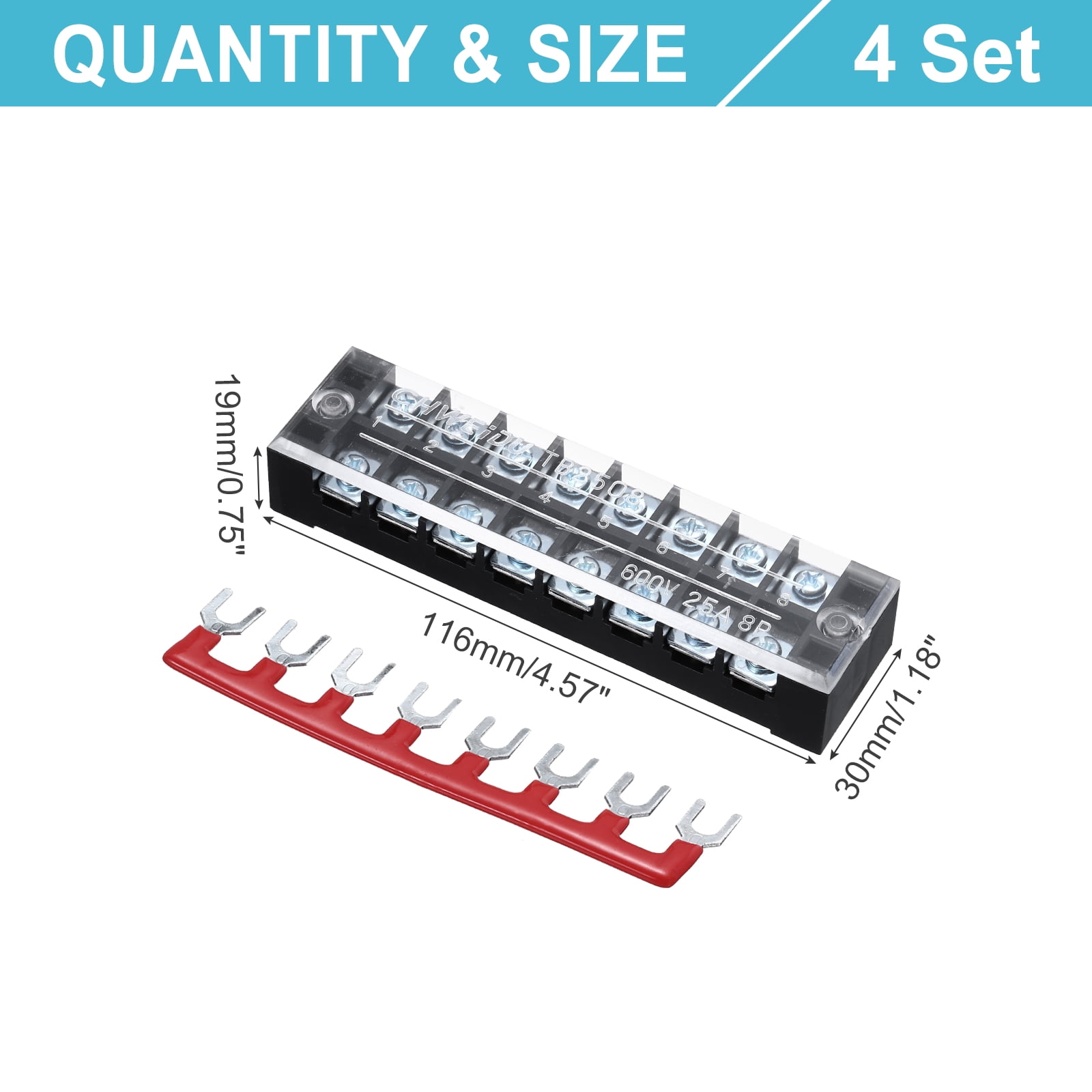 Uxcell 4 Pcs Dual Row Terminal Block, 600V 25A 8 Positions Screw Terminal Block with 8PCS Pre-Insulated Barrier Strips for Power System, Home Appliances