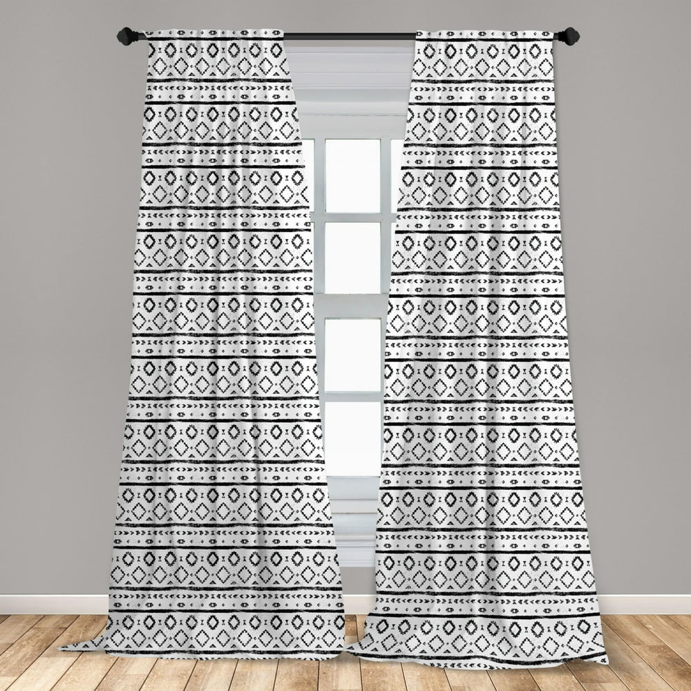 Black and White Curtains 2 Panels Set, Grunge Composition of Oriental