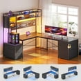 thumbnail image 3 of SEDETA L Shaped Gaming Desk with 6 Drawers, Reversible Computer Office Desk with File Drawer, Hutch, Storage Shelves, Gaming Corner Desk with Led Lights, Power Outlet for Two Person, Rustic Brown, 3 of 18