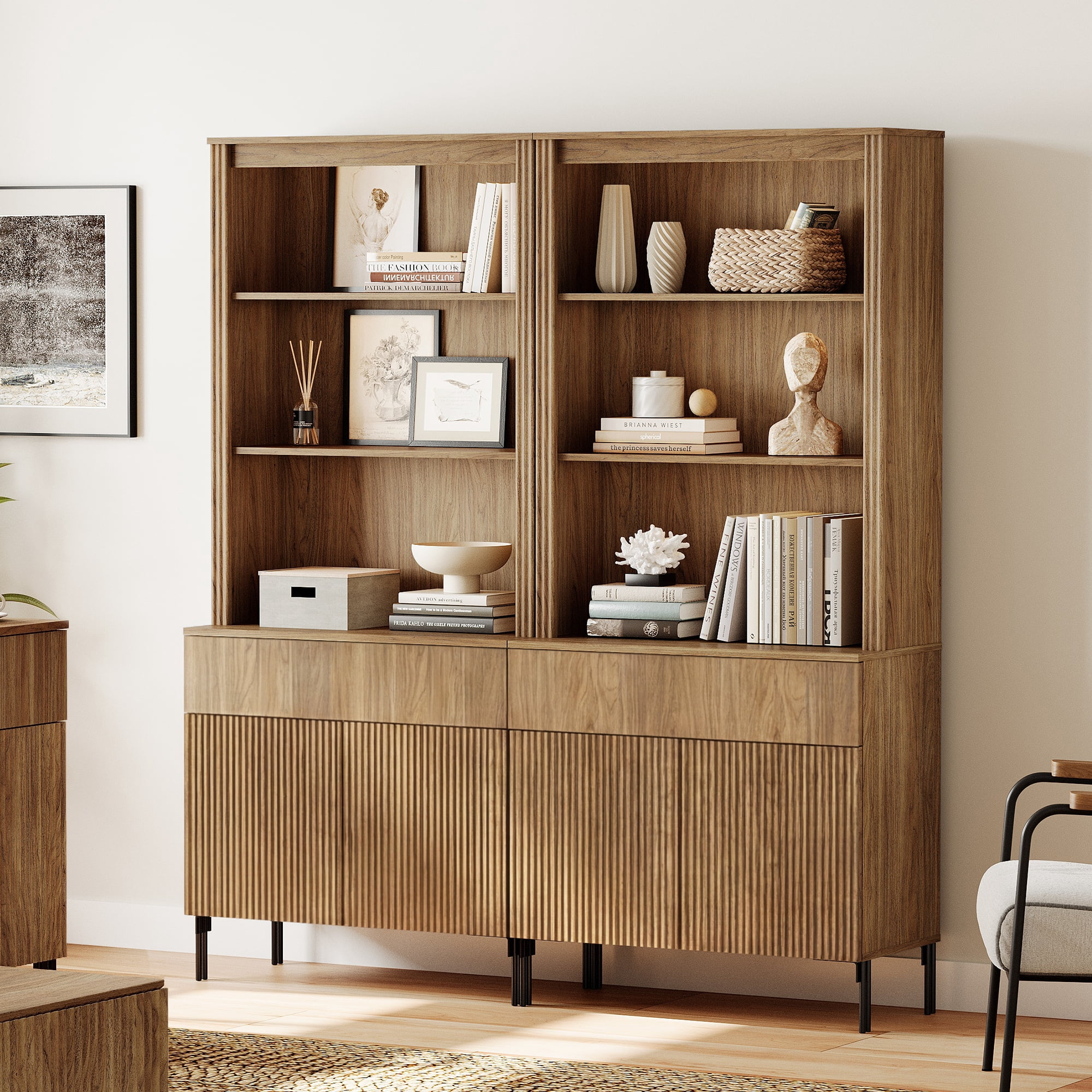 71.6"H X 60.4"W Set Of 2 Bookcase with Storage Cabinets, 10 Tier Bookshelf with Fluted Doors and Drawers, Large Modern Display Cabinet For Living Room Bedroom Home Office Kitchen