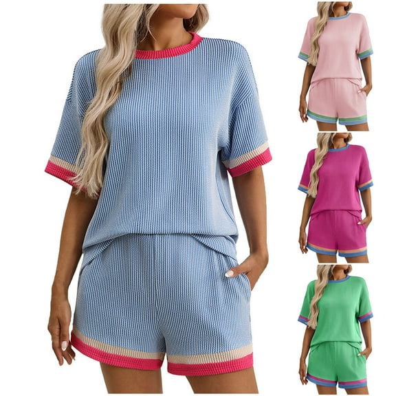 Miluxas Womens Sweater Set 2 Piece Outfits Oversized Short Sleeve Round Neck Knit Tops High Waisted Shorts Lounge Sets Pink XL(XL)