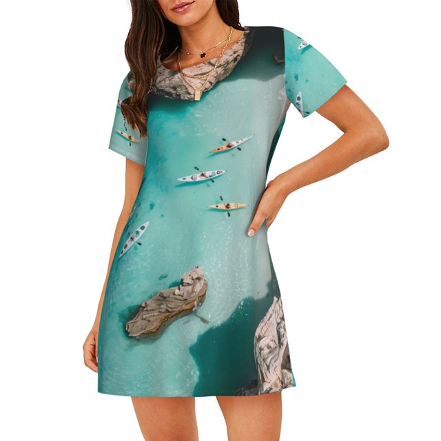 Disketp Turquoise Beach Kayaking para Camisón Corto de Manga Corta para Mujeres, Camisón Cómodo con Escote Redondo, Bonito y Confortable