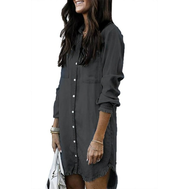 EIMELI Office Lady Turn Down Collar Buttons Long Sleeve Fringe Denim Shirt Mini Dress