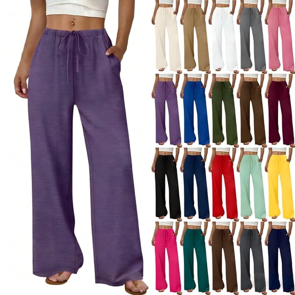 Tqcoqu Wide Leg Pants for Women Flowy Palazzo Drawstring Elastic Waist Summer Business Casual Beach Vacation Pants,Red,Women's S-XXL