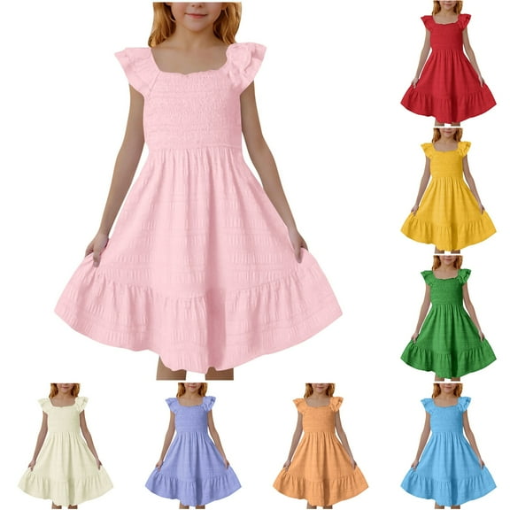 MKOSPLRT Beach Dresses for Girl 3-14 Years Fly Sleeve Ruffle Tiered Dress Solid Smocked A Line Midi Dress Flowy Swing Vacation Dresses