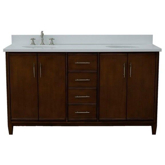 MCM 61" Double Oval Sink Solid Wood Vanity in Walnut/White Quartz Stone