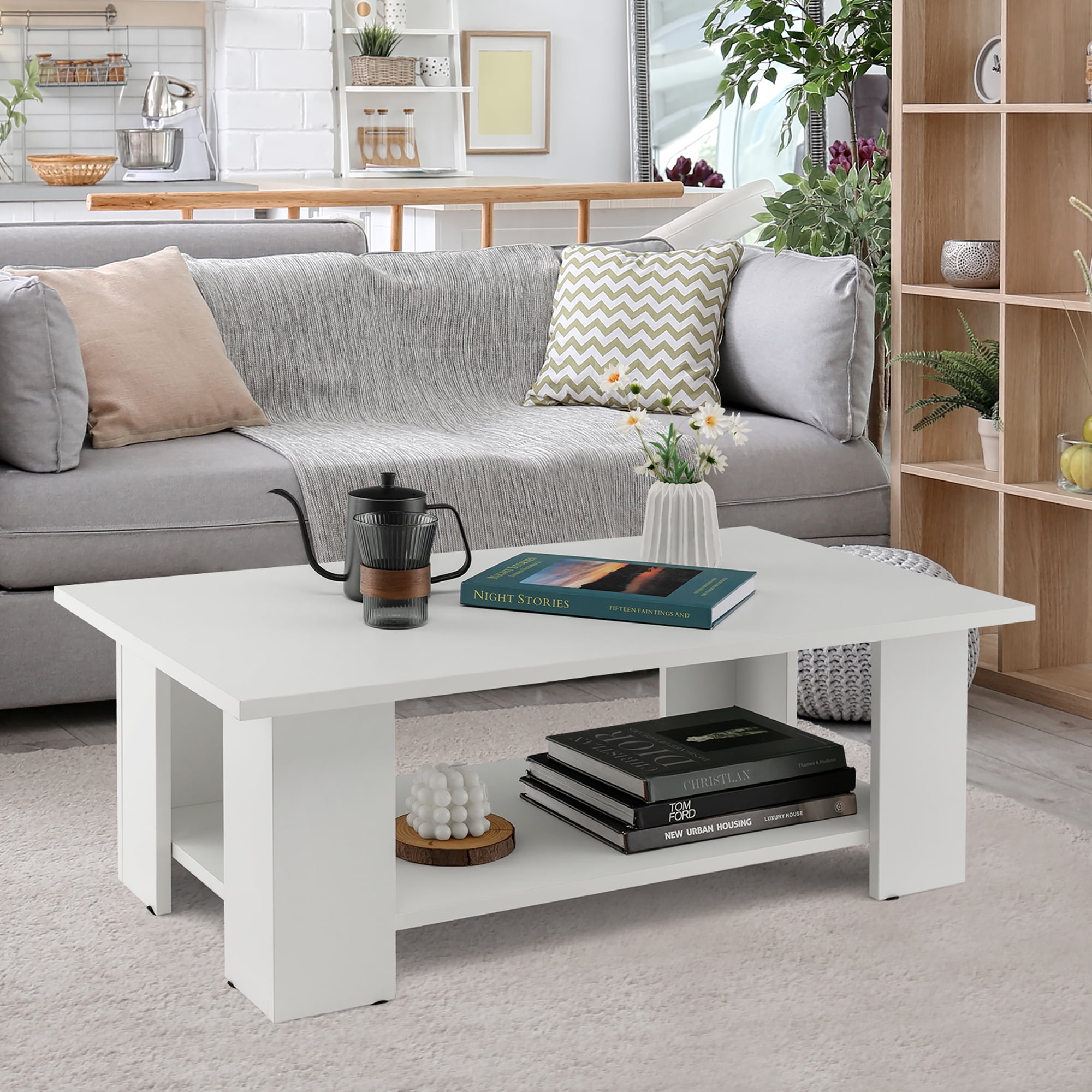 Costway Coffee Table 2-Tier Modern Center Cocktail Table W/Storage Shelf for Living Room White
