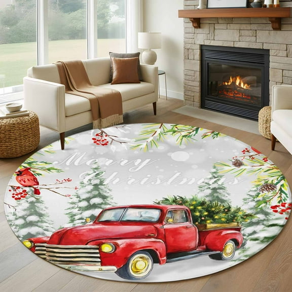 Christmas Truck Round Rug 5ft Washable Circle Kitchen Rugs Non Slip Xmas Trees Red Birds Snowflake Winter Large Area Rug Indoor Floor Carpet for Bedroom Living Room Home Office Dining Room Nursery