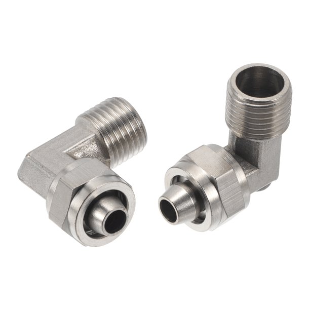 Conectores de aire de 10 mm / 3/8" en ángulo de 90 grados, conectores rápidos de línea de aire de cobre niquelado de 12.7 mm / 1/4" BSPT, 2 piezas tono plateado