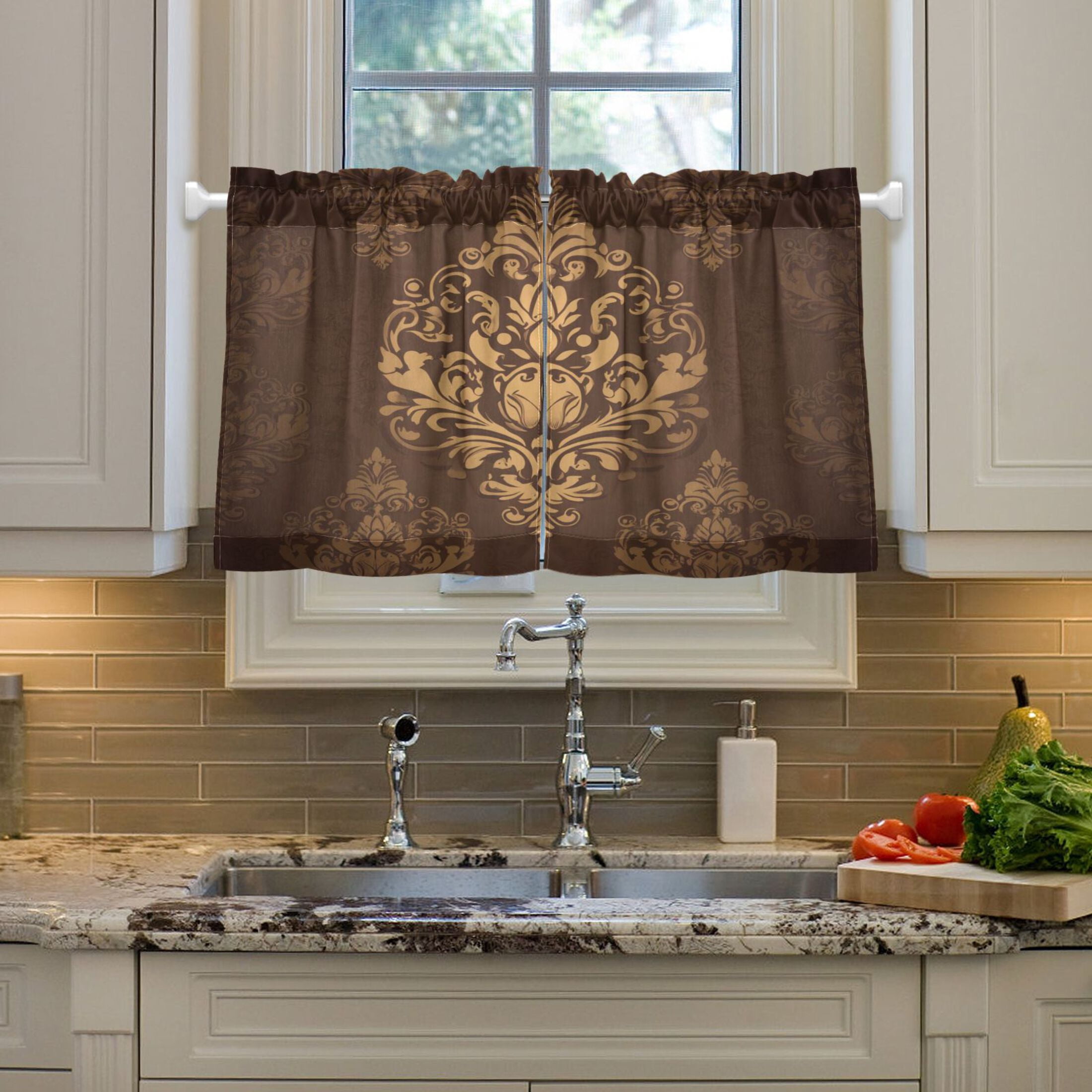 Damask Pattern 27"x36" Linen Look Cafe Curtain Set with Privacy and UV Protection