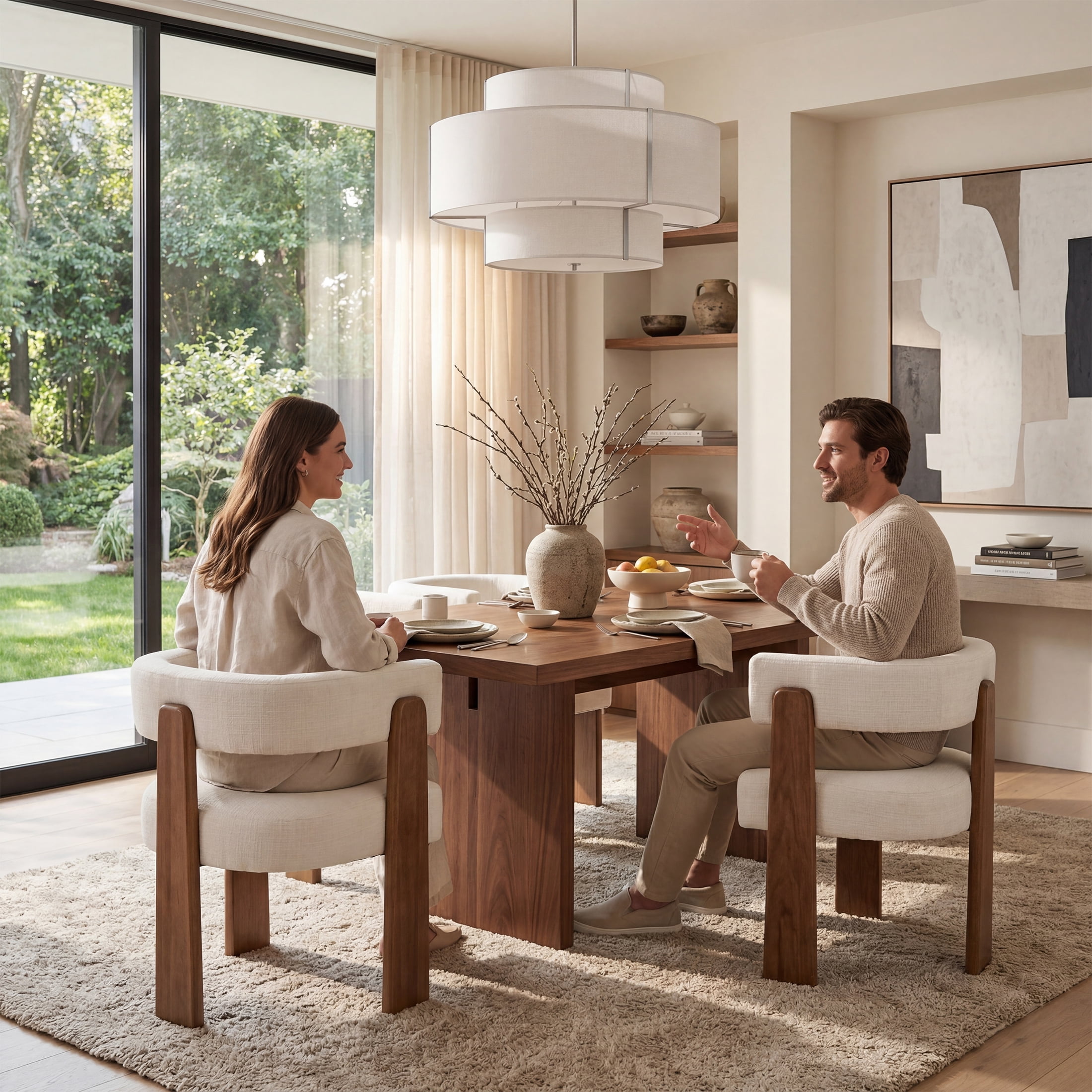 Guyou Barrel Dining Chairs Set of 2, Modern Linen Upholstered Dining Room Chairs with Curved Back, Farmhouse Wooden Accent Side Armchairs for Dining Room, Living Room, and Kitchen, White