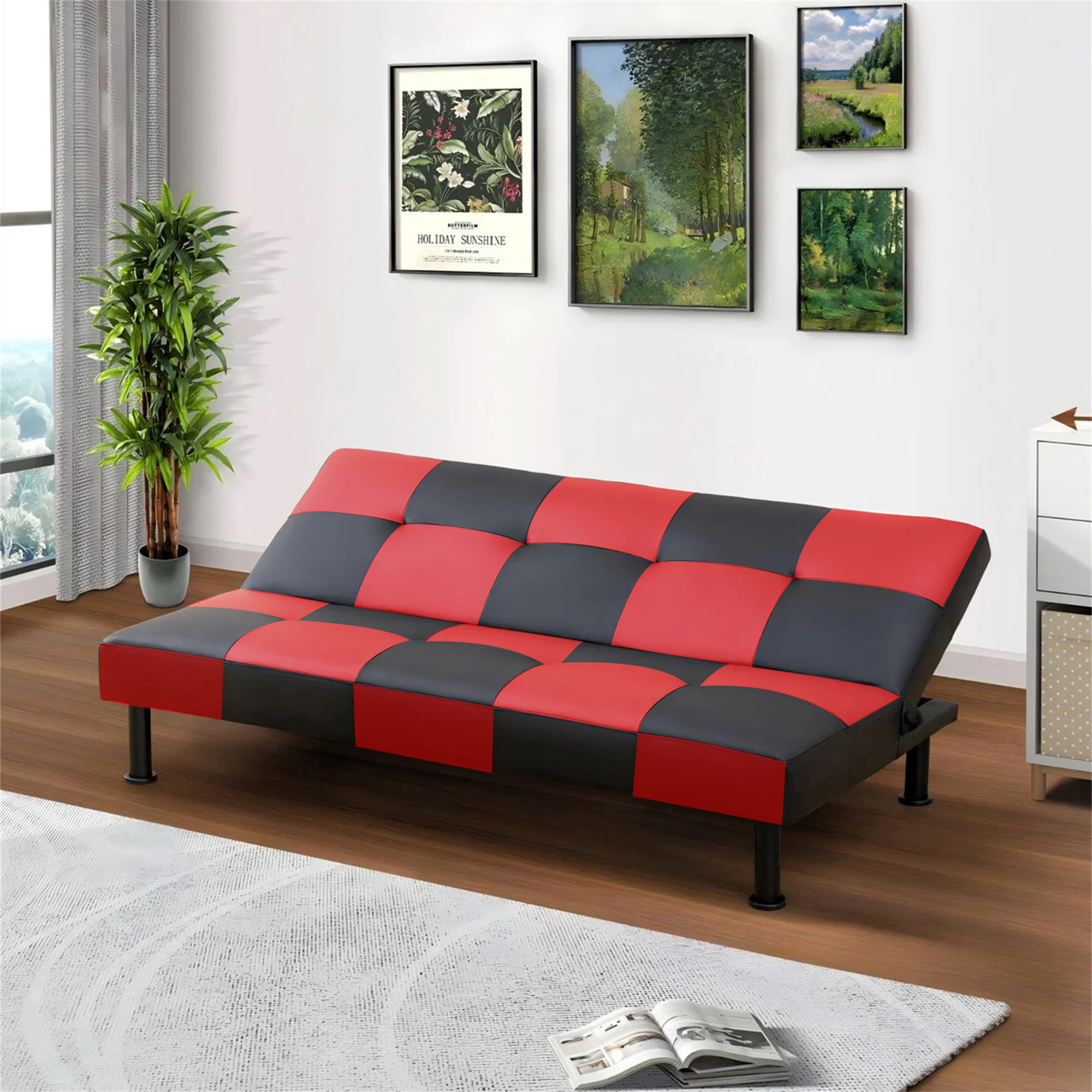 Aukfa Modern Futon Convertible Sofa Bed, Black & Red
