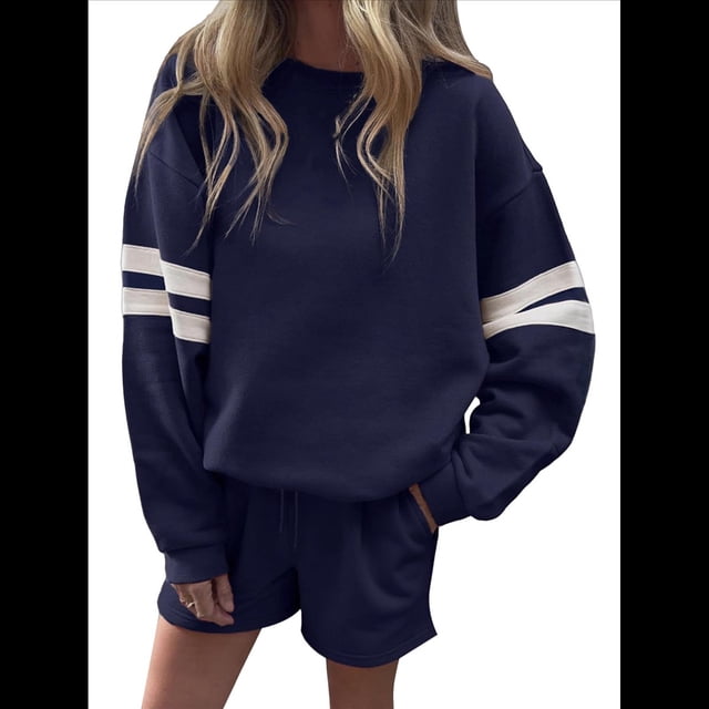 Conjunto de 2 Piezas para Mujer: Chándal Informal de Larga y Pantalones Cortos, Chándal de Viaje. Azul Marino XL