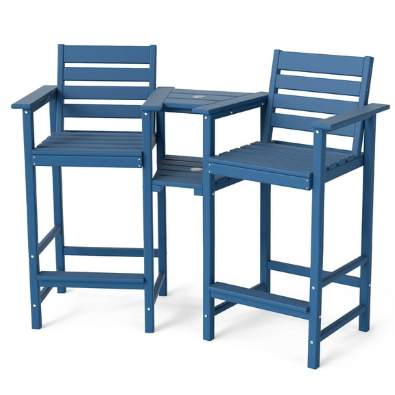 FOOWIN HDPE Plastic Tall Adirondack Chair Set of 2 W/ Outdoor Barstools and Connecting Tray, Blue