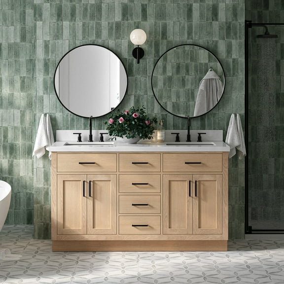 Ariel Hepburn 61 Inch Double Rectangular Sink Bathroom Vanity With Pure White Quartz Countertop 1.5 Inch Edge In Oak