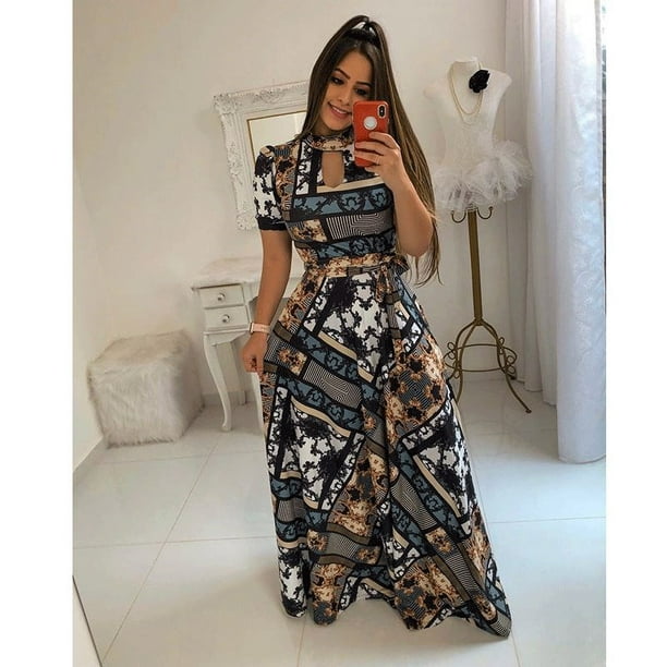 Women Fashion Print One Piece Dress Hanging Neck Waistband Long Sleeve Short Sleeve Long Skirt Home Party Evening Party Outdoors Walmart Com