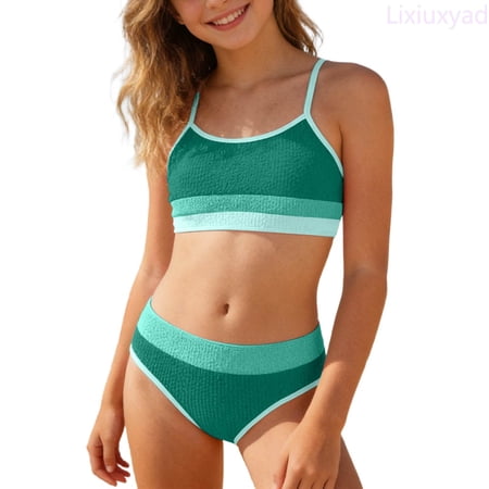 Lixiuxyad Girls Bathing Suit Color Block with Adjustable Straps Crew Neck Bikini Sets Girls Two Piece Swimsuits Beach Swimwear Sizes 12-14 Years