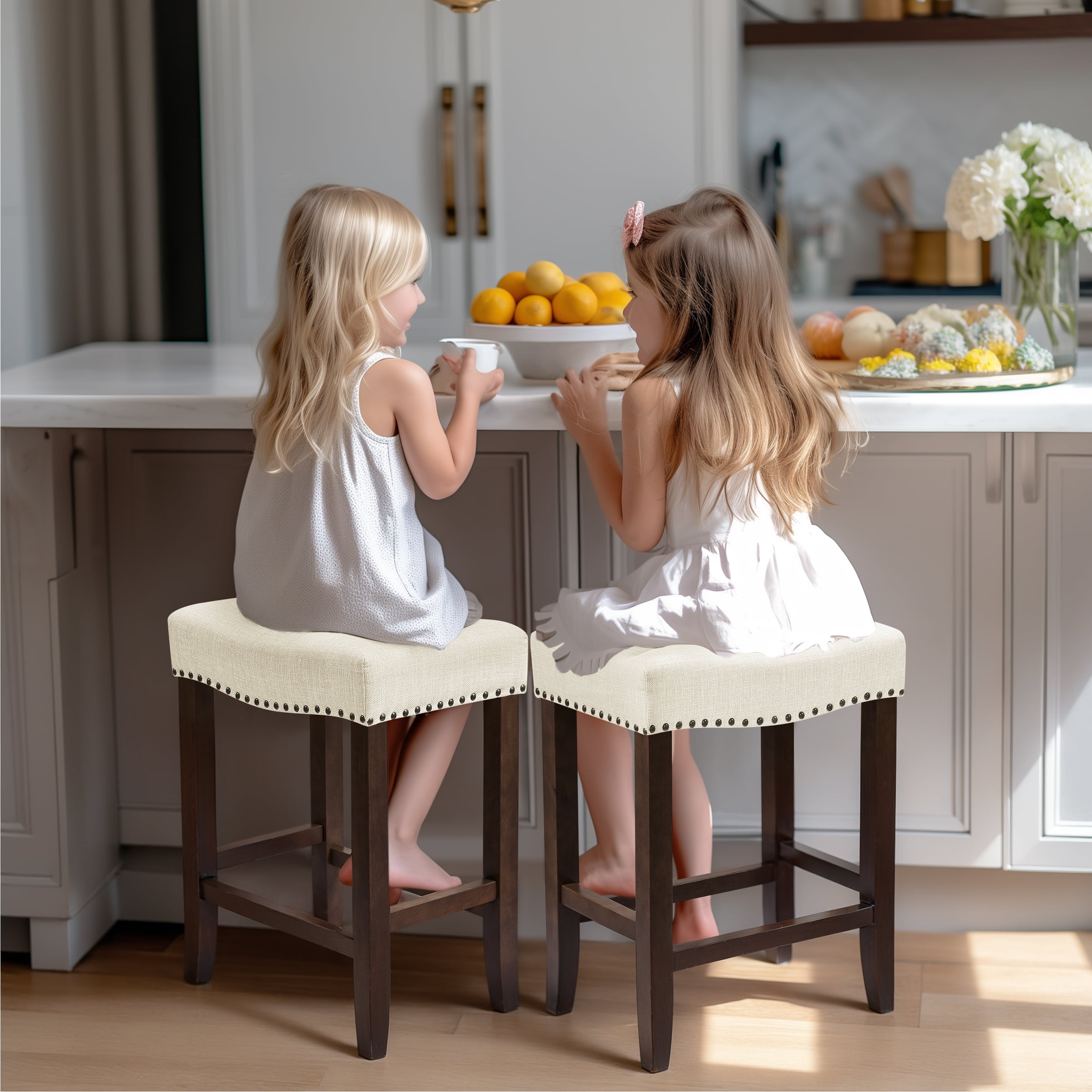 DyFun 29" Bar Stools Backless Modern Counter Stool Chairs Wooden Kitchen Island Stools (Set of 2, Ivory)