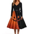 thumbnail image 4 of Women's Halloween Dress Spider Hepburn Long Sleeve Novelty Dresses Castle Printed V-Neck Casual Swing Dress with Belt M, 4 of 5