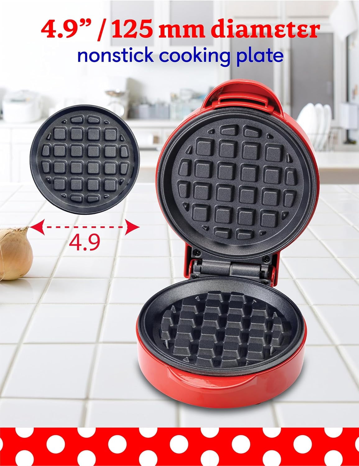Betty Crocker Mini Waffle Maker, 550W Compact Kitchen Appliance, Quick & Even Heat for Home and Kitchen, Makes 4.5" Waffle, 4.9" Non-Stick Plates, Recipes Included, BC-4888R, Red