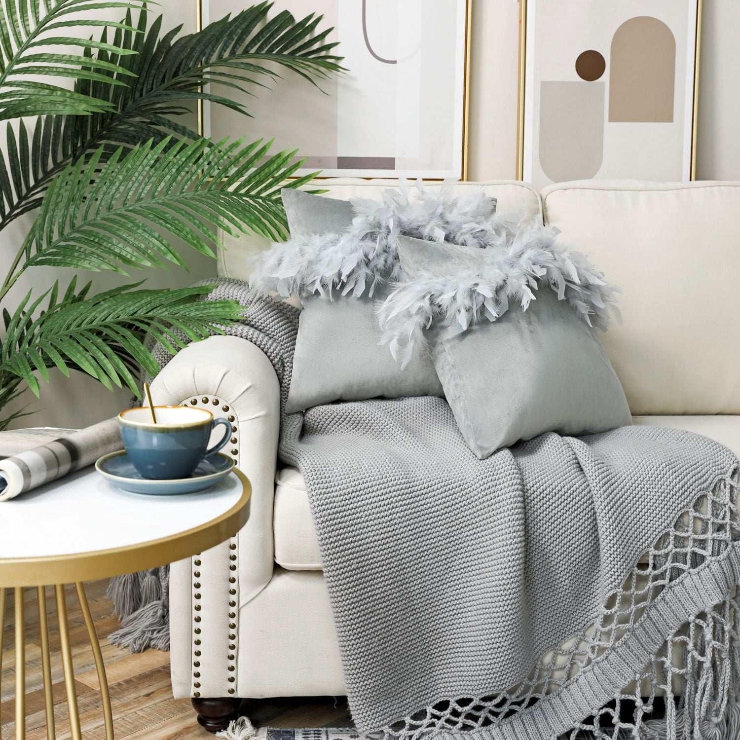 Phantoscope Feather Velvet Decorative Throw Pillows, 18 x 18 in, Light Gray, 2 Pack