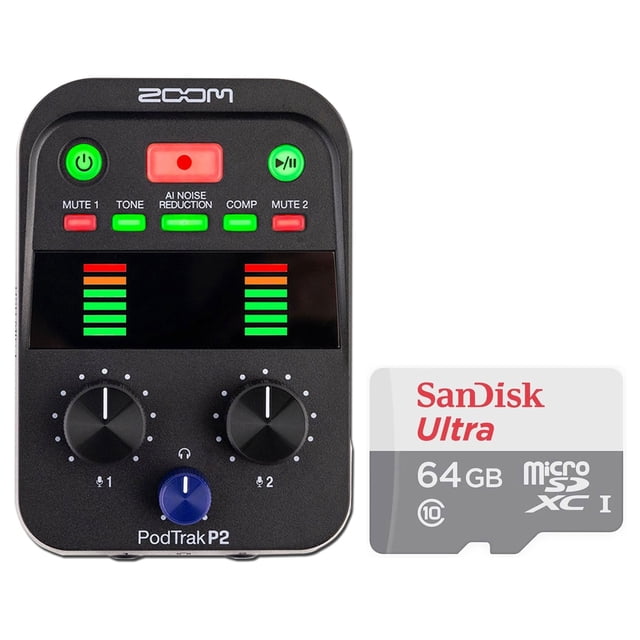 Grabador de micrófono USB Zoom PodTrak P2 para podcasters con tarjeta de 64 GB