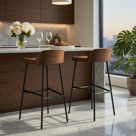 Resenkos Set of 1/2 29 Inch Industrial Bar Stools with Low Back and Footrests-Set of 2, Bar Height Stools, Bar Stools for Kitchen Island for Kitchen, Dining Room