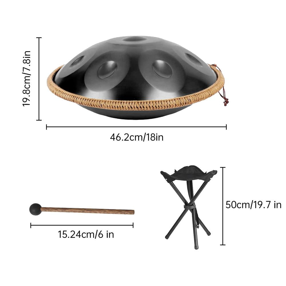 WAASOSCON 18-Inch 430 Stainless Steel Hand Pan Drum in Black, 9-Note G Minor, 11 lb, Ideal for Musical Play, Outdoor Performances, and Meditation for All Ages
